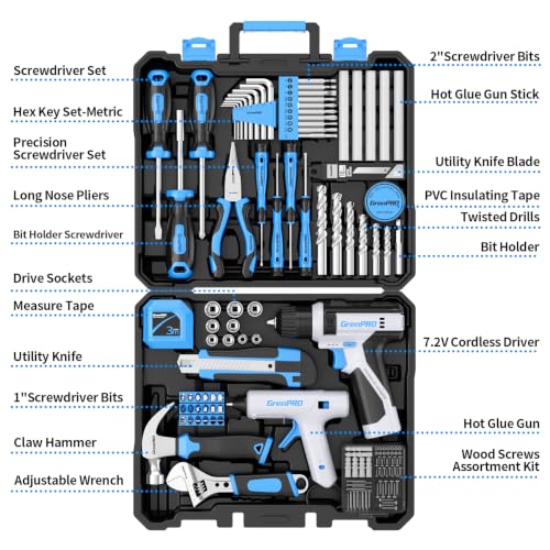 GRENPRO 188PC Blue Cordless Drill Tool Set for Wo&Men Tool Kit for Home Box | All-In-One Basic Household Tool Box, Glue Gun Accessories DIY, CR-V Steel, Sturdy Storage Case Auto Repair Kit For Men - style: Blue Power Drill Set 188PC