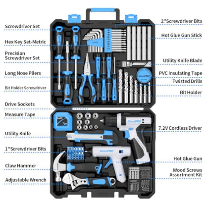 GRENPRO 188PC Blue Cordless Drill Tool Set for Wo&Men Tool Kit for Home Box | All-In-One Basic Household Tool Box, Glue Gun Accessories DIY, CR-V Steel, Sturdy Storage Case Auto Repair Kit For Men - style: Blue Power Drill Set 188PC