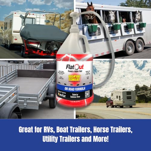 FlatOut QuickStrike On Road Tire Sealant - NEW Formula - Prevents Flat Tires - Seals Leaks - Contains Kevlar - Tubeless Tire Sealant - 1 Gallon + Tool - size: 128 Fl Oz + Tool