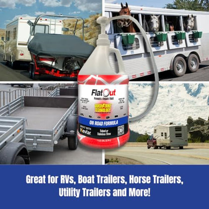 FlatOut QuickStrike On Road Tire Sealant - NEW Formula - Prevents Flat Tires - Seals Leaks - Contains Kevlar - Tubeless Tire Sealant - 1 Gallon + Tool - size: 128 Fl Oz + Tool