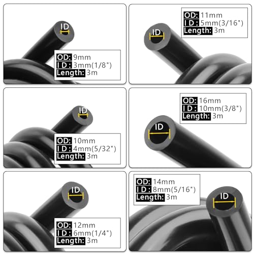 Silicone Vacuum Tubing Hose 10 FT 6PCS, 1/8" 5/32" 3/16" 1/4" 5/16" 3/8" ID High Performance 130PSI, Engine Automotive Vacuum Silicone Hose Line Kits - size: 1/8" 5/32" 3/16" 1/4" 5/16" 3/8" -10FT
