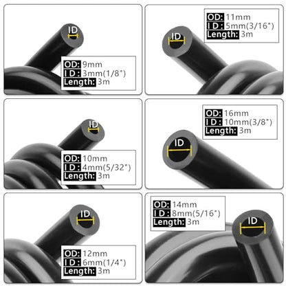 Silicone Vacuum Tubing Hose 10 FT 6PCS, 1/8" 5/32" 3/16" 1/4" 5/16" 3/8" ID High Performance 130PSI, Engine Automotive Vacuum Silicone Hose Line Kits - size: 1/8" 5/32" 3/16" 1/4" 5/16" 3/8" -10FT