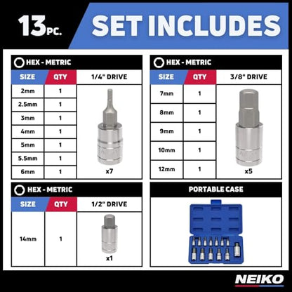 NEIKO 10074A Metric Hex Bit Socket Set | 13-Piece Set | S2 and Cr-V Steel | 1/4-Inch, 3/8-Inch and 1/2-Inch Drive | 2mm to 14mm - size: 13 Piece, style: Allen Hex Bit