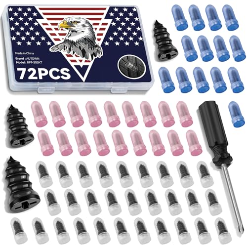 AUTOWN 72PCS Tire Repair Rubber Nail Kit - Complete Set with 3 Sizes, Storage Box & Screwdriver - for Car, Truck, Motorcycle & More - size: 72PCS