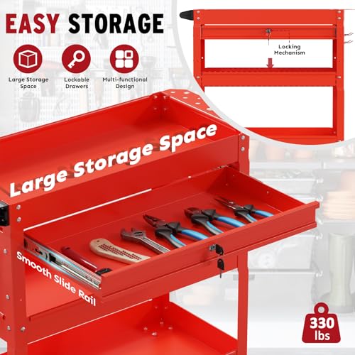 3 Tier Rolling Cart, Heavy Duty Utility Industrial Service Carts on Wheels, Metal Tool Cart with Locked Drawers, Ideal for Garage, Warehouse and Repair Shop (Red) - color: Red