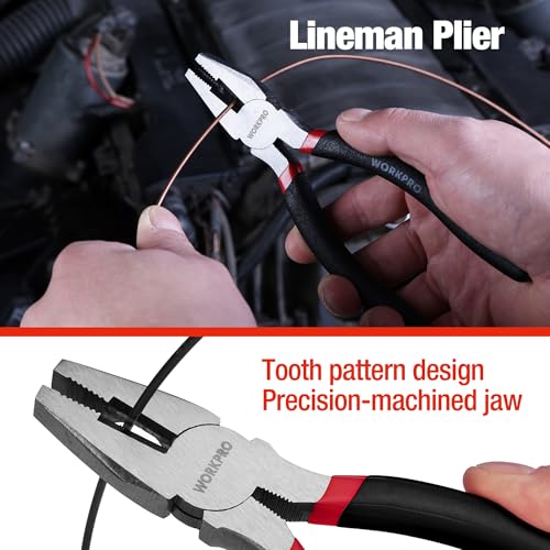 WORKPRO 7-piece Pliers Set, Black | Groove Joint Piler, Long Nose Piler, Slip Joint Piler, Linesman Piler, Diagonal Pliers for DIY & Home Use - color: Red, Black