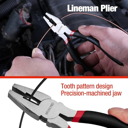 WORKPRO 7-piece Pliers Set, Black | Groove Joint Piler, Long Nose Piler, Slip Joint Piler, Linesman Piler, Diagonal Pliers for DIY & Home Use - color: Red, Black
