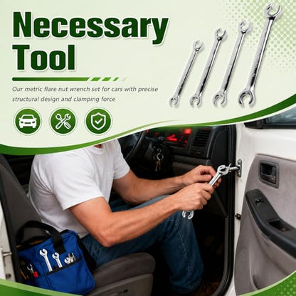 4PCS Brake Line Wrench Set (9x11mm 8x10mm 13x14mm 15x17mm),Offset Flare Nut Wrench Set for Plumbing Tight Confine Spaces,Professional Metric Flare Wrenches Sets as Car Repair Tool