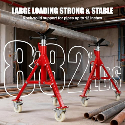 Pipe Jack Stand with Casters, 882LB Capacity, 27.2"-52" Adjustable, V-Head Support for Welding & Construction