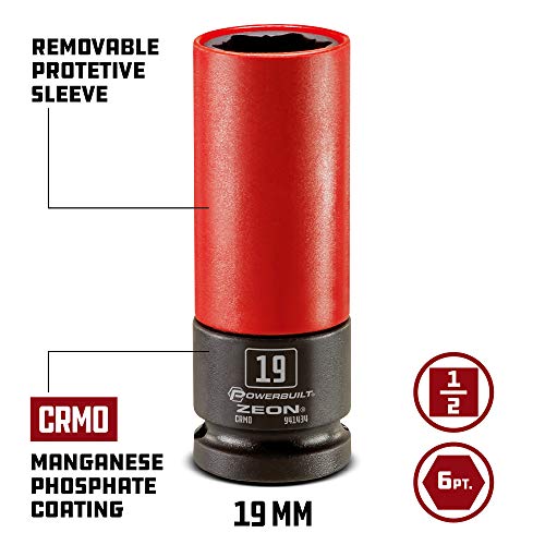 Powerbuilt 19mm Zeon Lug Nut Socket, 1/2" Drive – Impact Rated Chromoly Steel for Damaged & Rounded Lug Nuts, Patented Design Grips up to 85% Rounded, Includes Protective Wheel Saver Sleeve - 941434M - size: 19 mm