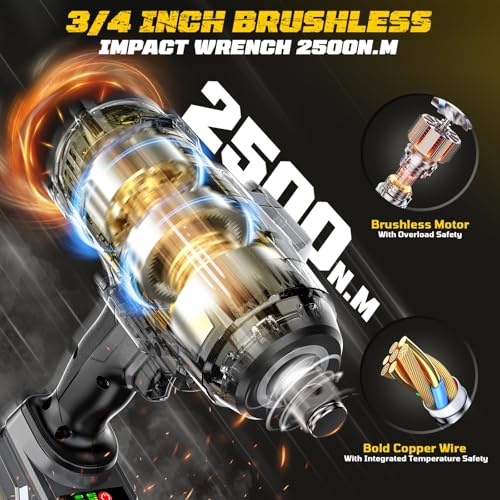 Cordless Impact Wrench 3/4 inch compatible with Dewalt 20V Battery, Cerycose1850ft-lbs (2500N.m) Brushless Electric Impact Gun, High Torque Impact Driver, Bare Tool Only, Heavy-Duty Automotive - size: 3/4inch, style: 3/4 inch Fit for DeWalt(No battery)