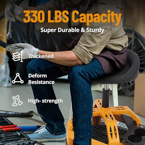 Heavy Duty Rolling Mechanic Stool with Wheels - Adjustable Height 23-30cm - 360° Swivel Padded Seat with Backrest - Double Mesh Frame, Tool Tray, Cup Holder - 330 lbs Capacity - Square Feet - size: with Cup Holder