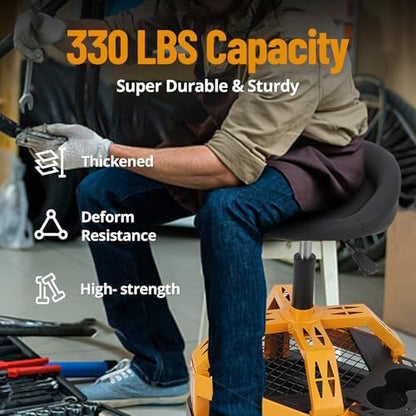 Heavy Duty Rolling Mechanic Stool with Wheels - Adjustable Height 23-30cm - 360° Swivel Padded Seat with Backrest - Double Mesh Frame, Tool Tray, Cup Holder - 330 lbs Capacity - Square Feet - size: with Cup Holder