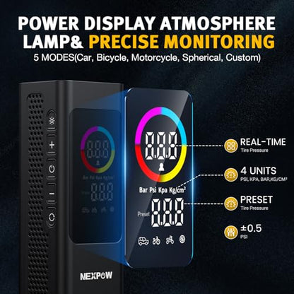 Tire Inflator Portable Air Compressor, NEXPOW 150 PSI Cordless Car Air Pump with Digital Gauge, Rechargeable 7800mAh Battery, LED Light, for Car Tires, Bike, Motorcycle, Ball, Inflatables