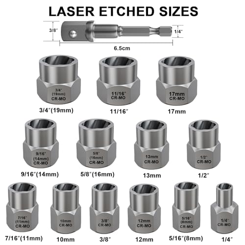 Topec 13+1 Piece Impact Bolt & Nut Remover Set, 3/8" Drive Bolt Extractor Socket Set, 8mm-19mm Stripped Lug Nut Remover, Twist Socket for Damaged, Rusted, Rounded Fasteners - color: 13-piece