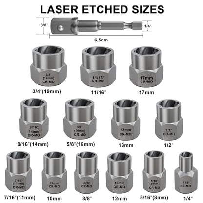 Topec 13+1 Piece Impact Bolt & Nut Remover Set, 3/8" Drive Bolt Extractor Socket Set, 8mm-19mm Stripped Lug Nut Remover, Twist Socket for Damaged, Rusted, Rounded Fasteners - color: 13-piece