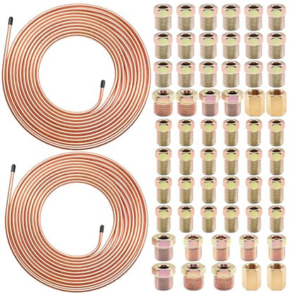 60Pcs 2 Sets 3/16 Inch & 1/4 Inch 25 FT Brake Line Tubing Kit with 58 Pcs Brake Line Fittings, Copper Coated Alloy Steel Brake Lines Kit Replacement for Hydraulic Fuel Transmission Line - size: 3/16 + 1/4 Inch Gold, style: Brake Line