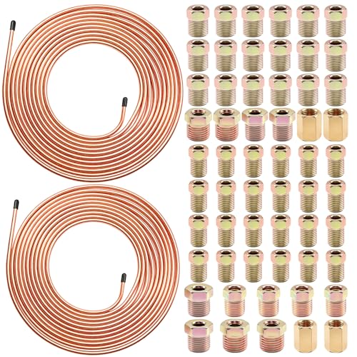 60Pcs 2 Sets 3/16 Inch & 1/4 Inch 25 FT Brake Line Tubing Kit with 58 Pcs Brake Line Fittings, Copper Coated Alloy Steel Brake Lines Kit Replacement for Hydraulic Fuel Transmission Line - size: 3/16 + 1/4 Inch Gold, style: Brake Line