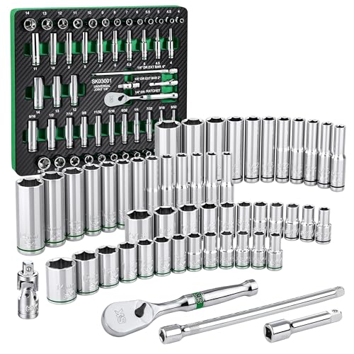 SK 1/4" Drive Socket Set with 90-Tooth Ratchet, 52-Piece, SAE & Metric | SuperKrome Finish, Premium CR-V Steel, Heat Treated, with EVA Foam Tool Organizer - size: 52PC