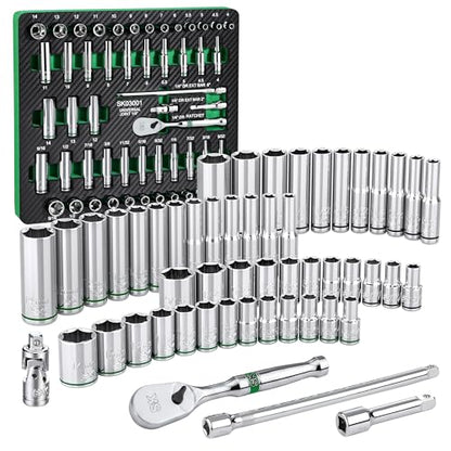 SK 1/4" Drive Socket Set with 90-Tooth Ratchet, 52-Piece, SAE & Metric | SuperKrome Finish, Premium CR-V Steel, Heat Treated, with EVA Foam Tool Organizer - size: 52PC