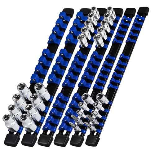 Socket Organizer Set 6PCS ABS Socket Holder Kit, 1/4-Inch x 32 Clips, 3/8-Inch x 30 Clips, 1/2-Inch x 24 Clips Socket Set Organizer, Drive Socket Tray, Socket Holders Clip Socket Rail, Blue - color: Blue, size: 6PC 1/4x2,3/8x2,1/2x2