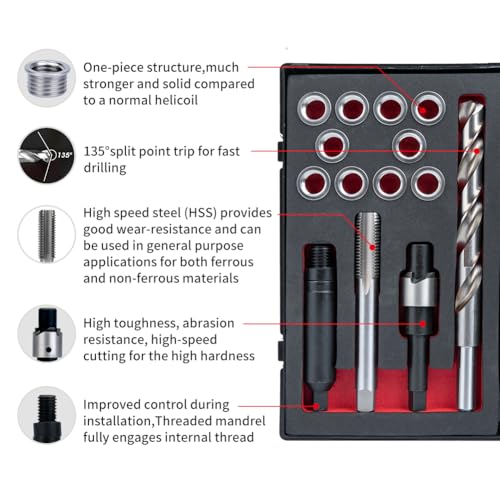 M12x1.5X16.2MM Thread Repair Kit with Insert HSS Drill, Tap, Counterbore, Installation Driver, Metric, 10PCS Stainless Steel Insert M12x1.5X16.2MM