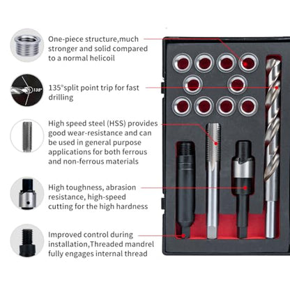 M12X1.5 Thread Repair Kit with Insert HSS Drill, Tap, Counterbore, Installation Driver, Metric, 10PCS Stainless Steel Insert M12X1.5X9.2MM