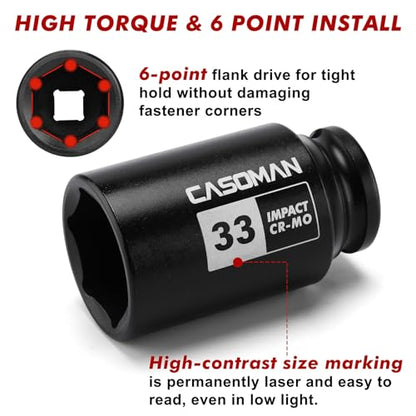 CASOMAN 1/2'' Drive Deep Spindle Axle Nut Impact Socket Set, 6 Point, CR-MO,32,33,35,36mm, 4PC 1/2-Inch Impact Socket Set, Heavy Duty Use In Removing And Installing Axle Nuts