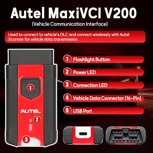 Autel MaxiVCI V200 Vehicle Communication Interface OBD2 Connector Bluetooth Adapter Work with MS906PRO MK906PRO TS ITS600 KM100 BT608 BT609 Wireless VCI200 Diagnostic DoIP CAN FD