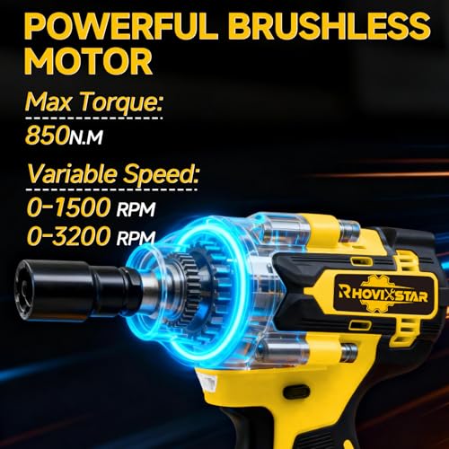 Rhovixster Cordless Impact Wrench 1/2 - 580N.M Max Cordless Impact Wrench Set with 2 Speed Adjustable, Brushless Motor High Torque Impact Guns with 2x4Ah Batteries and Charger