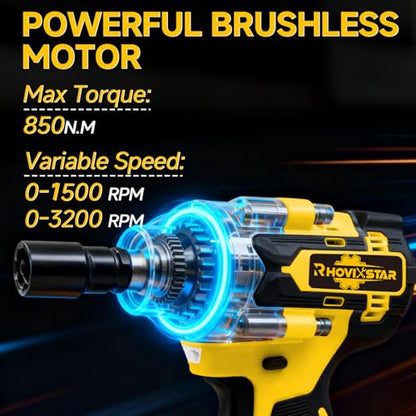 Rhovixster Cordless Impact Wrench 1/2 - 580N.M Max Cordless Impact Wrench Set with 2 Speed Adjustable, Brushless Motor High Torque Impact Guns with 2x4Ah Batteries and Charger