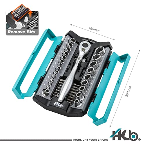 HB 120P 1/4 and 1/2-Inch Drive Sealed Head Ratchet Handle, Made in Taiwan, with portable storage rack 42-piece Socket set AKM008-U - size: 42PC 1/4" 1/2" DR. (120T)