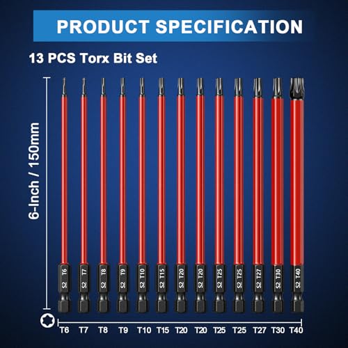 Long Torx Bit Set 6-Inch, 13PCS T6–T40, Magnetic S2 Steel Torx Bits with 1/4" Hex Shank, Extended Reach Torx Set for Deep & Hard-to-Reach Screws, Impact Ready