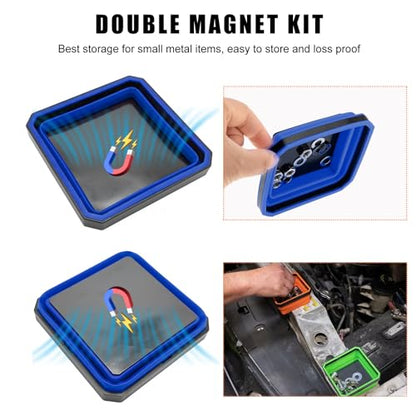 Yourkar Collapsible Magnetic Parts Tray, 4.5 Inch Foldable Magnetic Square Silicone Tray, Tool Tray Set with Double-Sided Magnetic Base for Screw Bolts Nuts Pins, Car Accessories (Blue) - color: Blue, 1 PCS