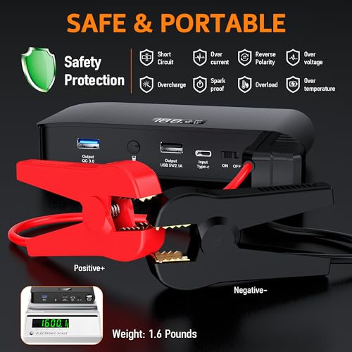BOOKOO Car Battery Jump Starter 4000A,16000mAh Portable Battery Jumper Cables for Car 8L Gas 7L Diesel Engines,Jump Box with USB QC 3.0 PD 18W Fast Charging,3 LED Modes with SOS for Emergency Use - color: 16000mAh-Black