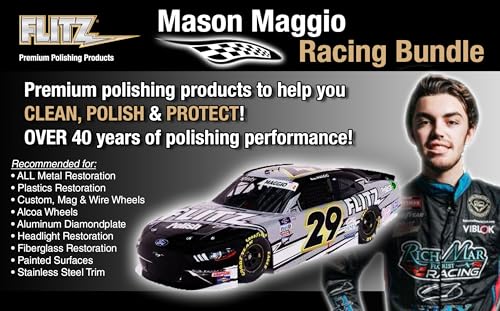 FLITZ Mason Maggio Racing Bundle - USA-Made Car Cleaning Kit - Includes 1lb Polish, 32oz Sealant, 16oz Metal Pre-Clean, 2 Buff Balls, & 4 Microfiber Cloths - Professional Car Detailing Kit to Restore - style: Mason Maggio Kit