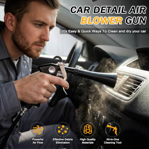 Car Detailing Air Cleaning Gun - Dry Blower Gun Works with Air Compressor | High Pressure Air Blaster with 2 Nozzles 3 Brushes 3 Connectors, Ergonomic Duster Tool for Car Interior Detailing Cleaning