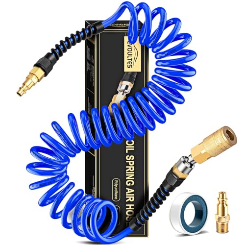 EVOULTES 1/4 In x 28 Ft Polyurethane Recoil Air Compressor Hose, Upgraded Air Hose with Repairable Bend Restrictor, Air Hose kit w/ 360° Swivel 1/4" NPT Coupler & Brass Quick Connect Air Fittings - color: Blue