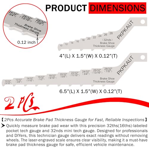 Brake Pad Measuring Tool, Drum Brake Thickness Gauge 2Pcs Sets | 304 Stainless Steel, 2-in-1 32ths(16ths)-labeled Technician Gauge for Brake Lining & Drum Wear, No Wheel Removal Needed