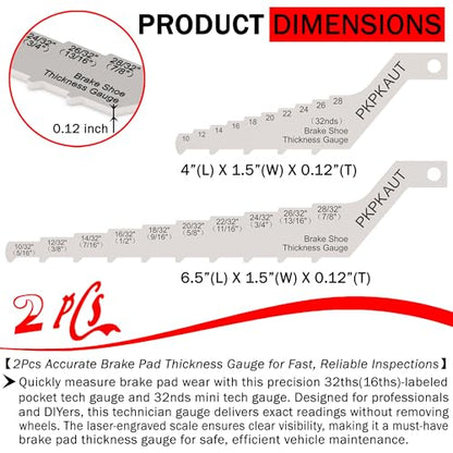 Brake Pad Measuring Tool, Drum Brake Thickness Gauge 2Pcs Sets | 304 Stainless Steel, 2-in-1 32ths(16ths)-labeled Technician Gauge for Brake Lining & Drum Wear, No Wheel Removal Needed
