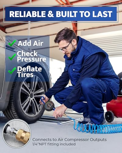 Tire Inflator with Pressure Gauge and Longer Hose - Most Accurate, Heavy Duty Air Chuck with Gauge for Air Compressor Tire Inflator Attachment - 100PSI - size: Schrader