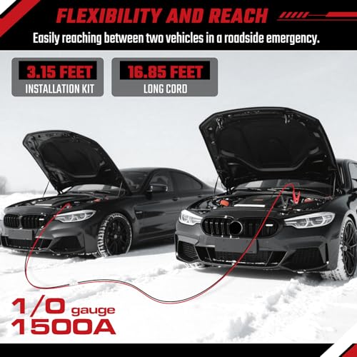 Heavy Duty Jumper Cables, 1 Gauge 1000Amp 20 feet, Booster Battery Cables with Permanent Installation kit and Quick Connect Plug for Car SUV Trucks up to 8-Liter Gasoline & 6-Liter Diesel Engines - size: 1 Gauge 20 Feet