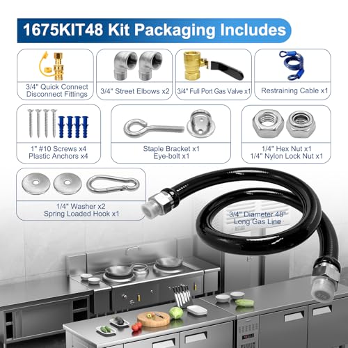 1675KIT48 Safety System Kit, 48" Mobile Gas Hose Connector Kit with 2 Elbows and 3/4 Quick Disconnect 3/4 Gas Flex Line, Gas Line Hose for Kitchen Equipment Full Port Gas Valve,Restraining Device.