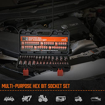 High Torque Master Hex Bit Socket Set, 32-Piece SAE & Metric Allen Socket Set, Premium S2 Alloy Steel, Durable Storage Case, 1/4", 3/8", 1/2" Drive, for Automotive & Mechanical Work - style: 32PC SAE/Metric Hex Bits
