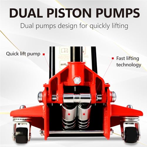 3.5T Low Profile Steel Floor Jack, 7000 lb, Dual Pump, 4"-21" Lift, Red | Heavy-duty steel, dual-piston quick lift, low profile, 4"-21" range, overload safety protection. - size: 3.5T Dual Pump 4"-21"(Red)