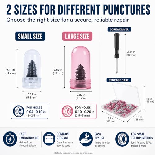 20 Pcs Tire Plug Kit, Screw in Repair Plugs with Screwdriver and Storage Case, Rubber Nail Set for Tubeless Punctures, Emergency Fix for Cars, Motorcycles, Trucks, Bikes (20)