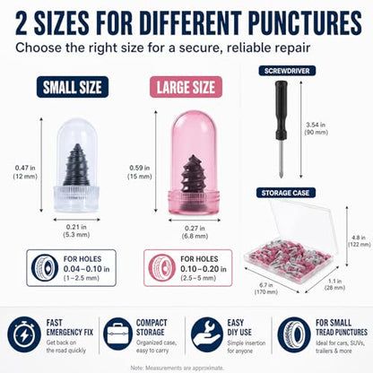 20 Pcs Tire Plug Kit, Screw in Repair Plugs with Screwdriver and Storage Case, Rubber Nail Set for Tubeless Punctures, Emergency Fix for Cars, Motorcycles, Trucks, Bikes (20)