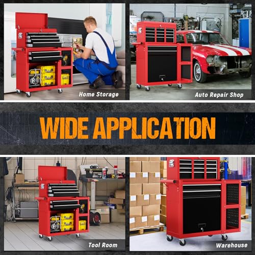 8-Drawer Rolling Tool Chest,3-in-1 Tool Box on Wheels with Lockable Steel Garage, Detachable Top Toolbox & Bottom Storage Cart with Additional Cabinet for Repair Room,Warehouse, 2026 Red - size: Large-Red