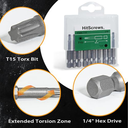 2 Inch T15 Torx Bits, S2 Steel Star Screwdriver Bits, 1/4" Hex Shank, CNC Precision Tips, 10-Pack in Slide-Out Storage Case, Impact Driver/Drill Compatible - size: T15