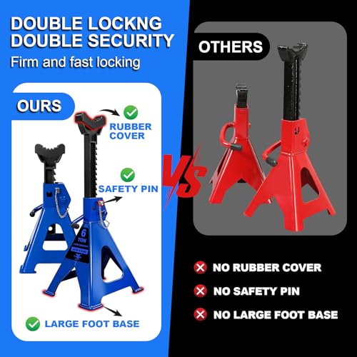 6 Ton (13,200 LBs) Jack Stands with Double Pin Locking,Rubber Cover,Large Foot Base,16"-24" Adjustable Height Heavy Duty Jack Stands,Lifting Car,Bus,RV,SUV,MPV,Pickup Truck,2 Pack Blue - color: blue, size: 6Ton Load Capacity